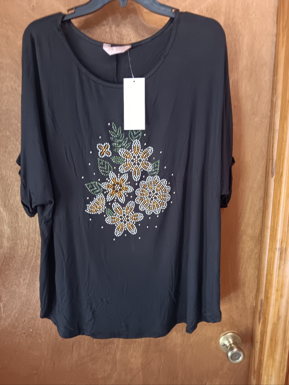 Amiana Black Short-Sleeve Top with Floral Rhinestone Motif